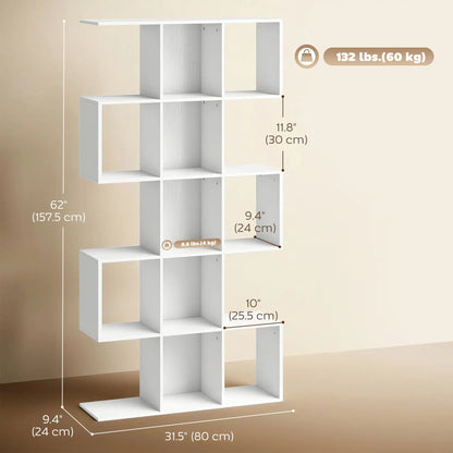 S-Shaped 5-Tier Bookshelf, 15 Compartments, White Wood Grain, White Display Bookshelves at Gallery Canada