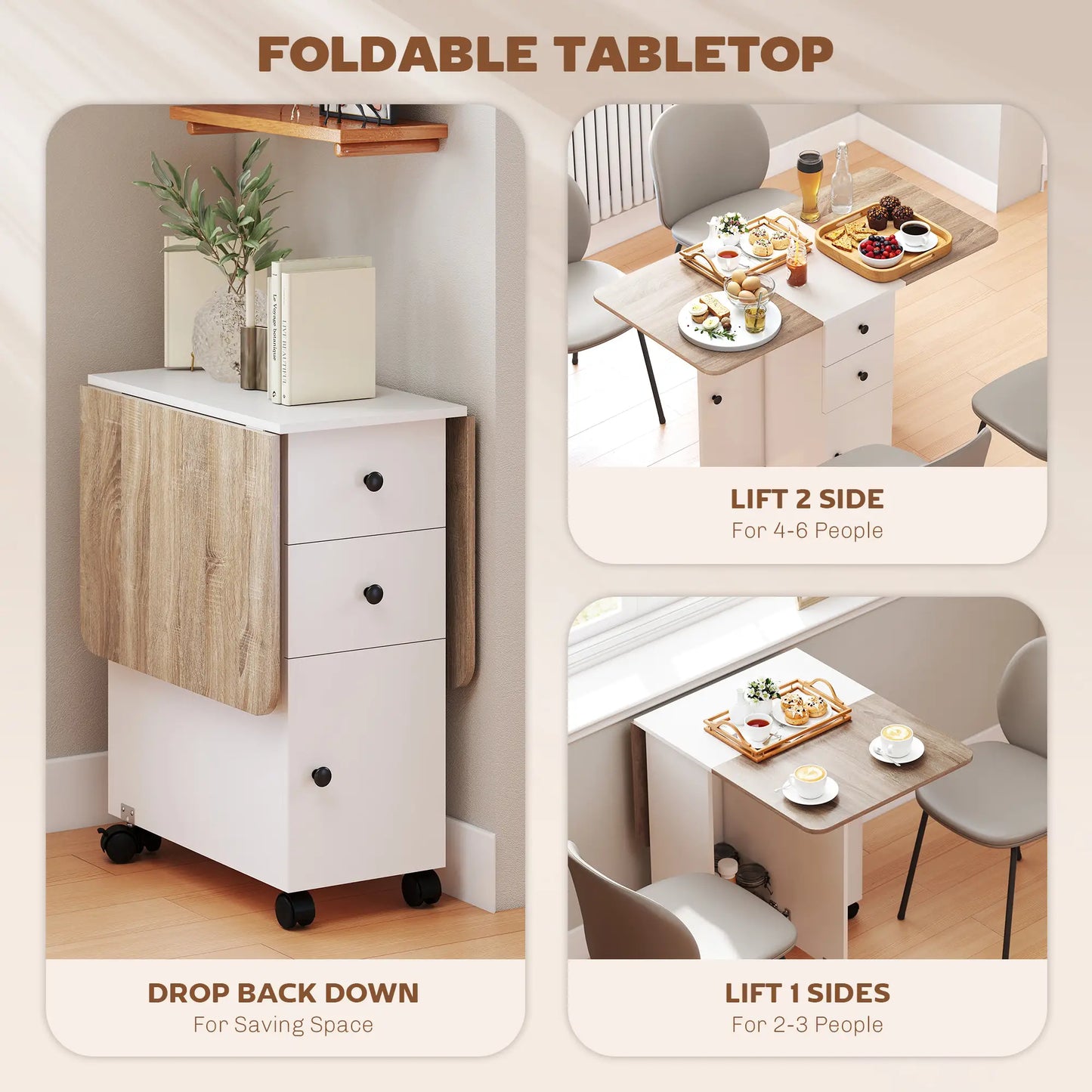 Mobile Drop Leaf Dining Table On Wheels, White And Oak, White Dining Tables at Gallery Canada