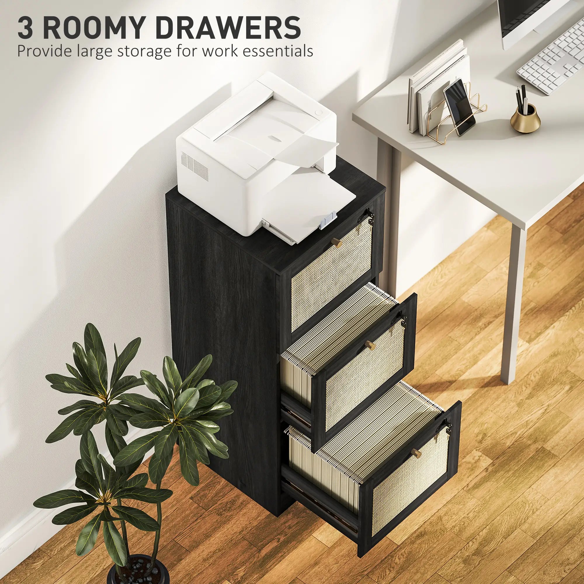 3 Drawer Filing Cabinet with Lock, Boho Style, A4 Letter Size, Black Office Cabinets & Cupboards at Gallery Canada