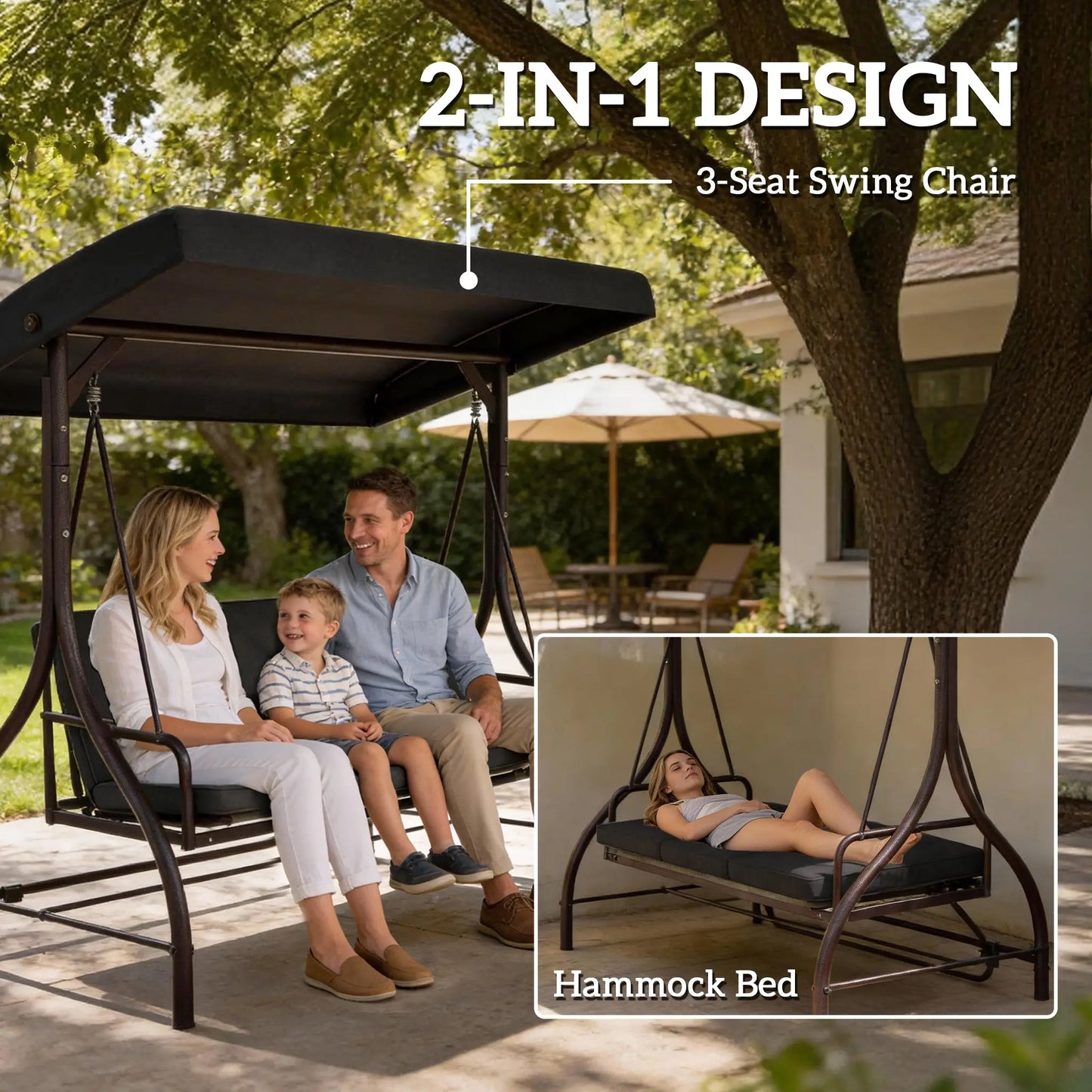 Convertible Patio Swing Bed With Canopy, Cushions, 3 Seater, Black Patio Swings with Stand at Gallery Canada
