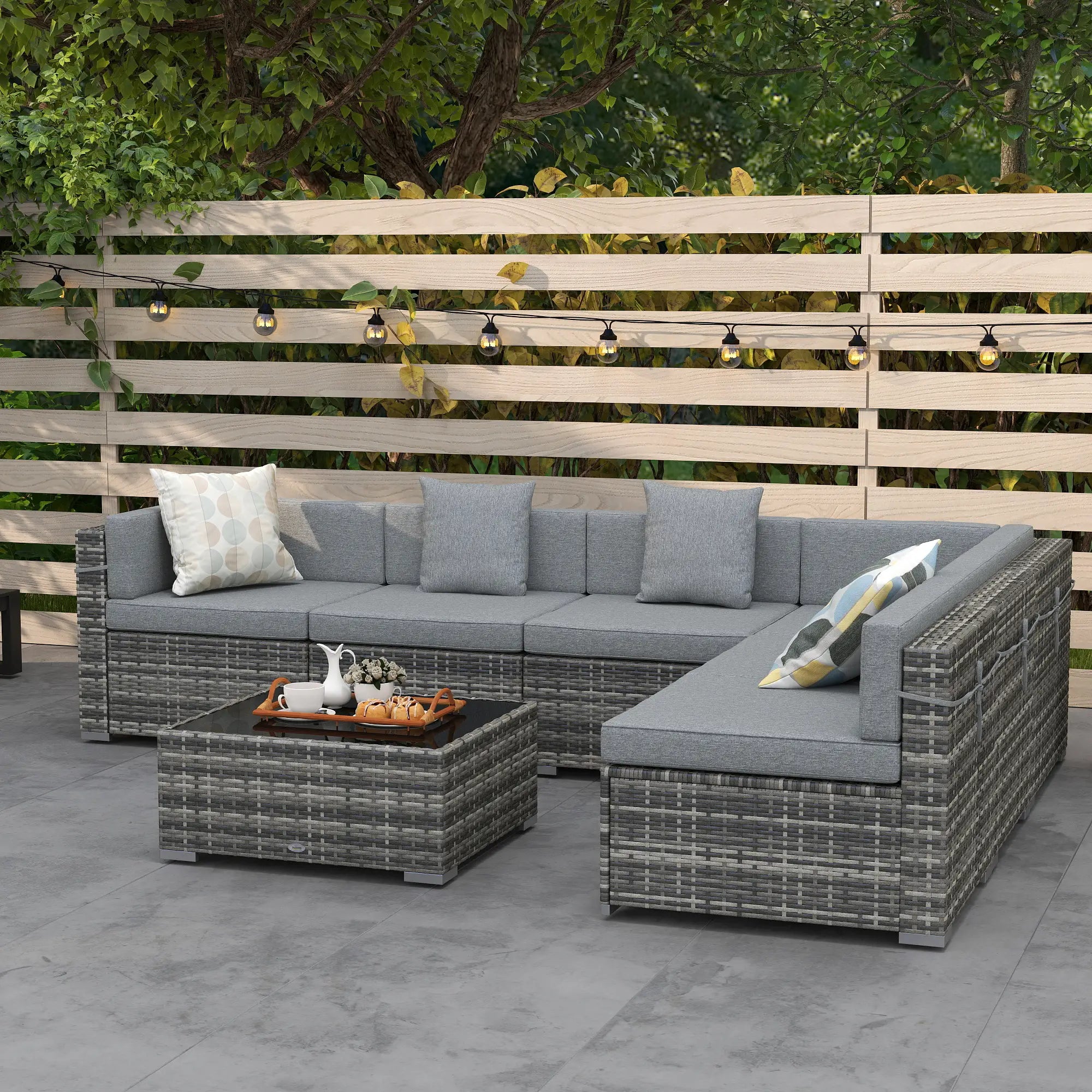 7pc Garden Wicker Sectional Set w/ Tea Table Patio Rattan Lounge Sofa Outdoor Deck Furniture Light Grey Patio Furniture Sets at Gallery Canada