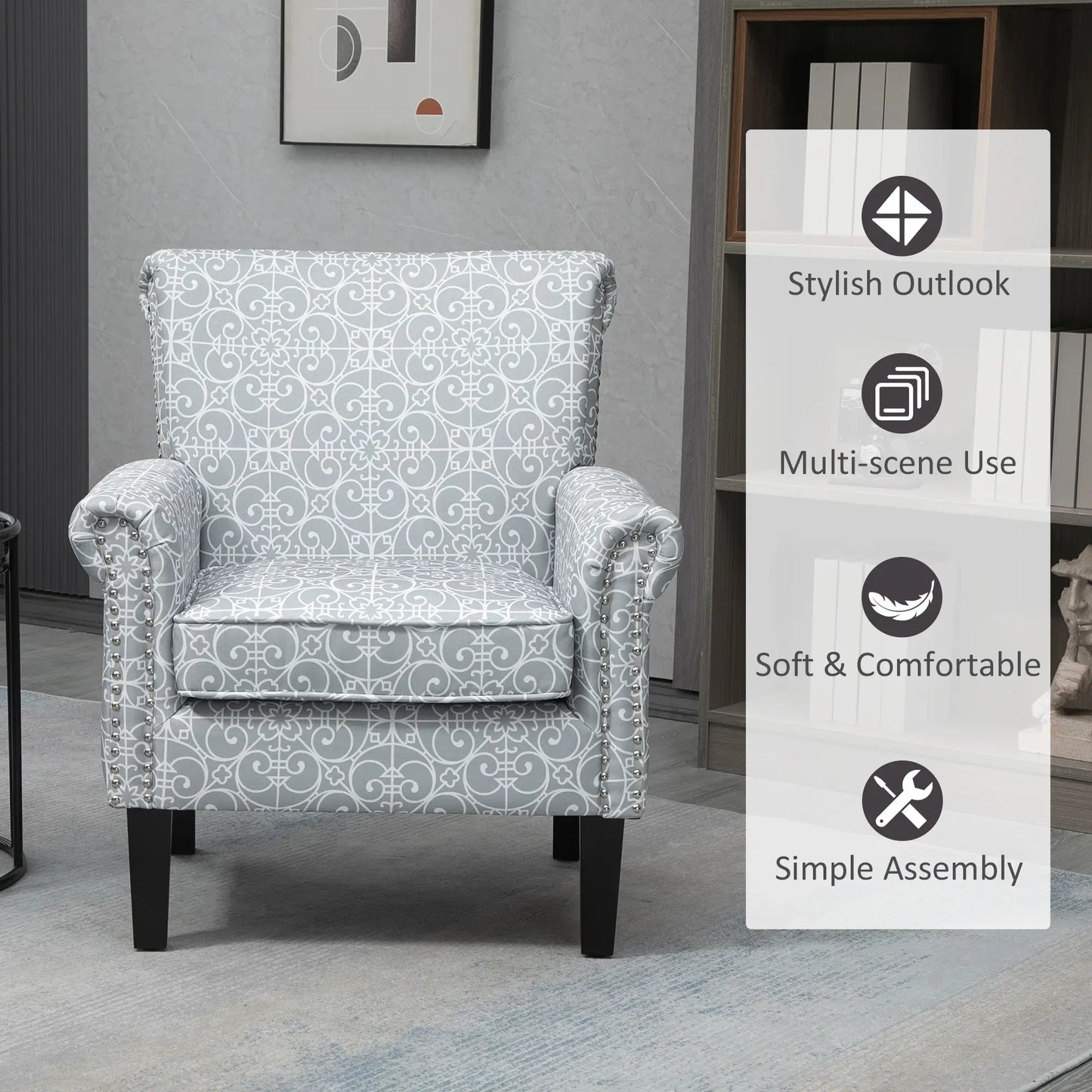 Upholstered Accent Chair, Soft Linen Fabric, Rolled Armrest, Grey Single Sofas at Gallery Canada