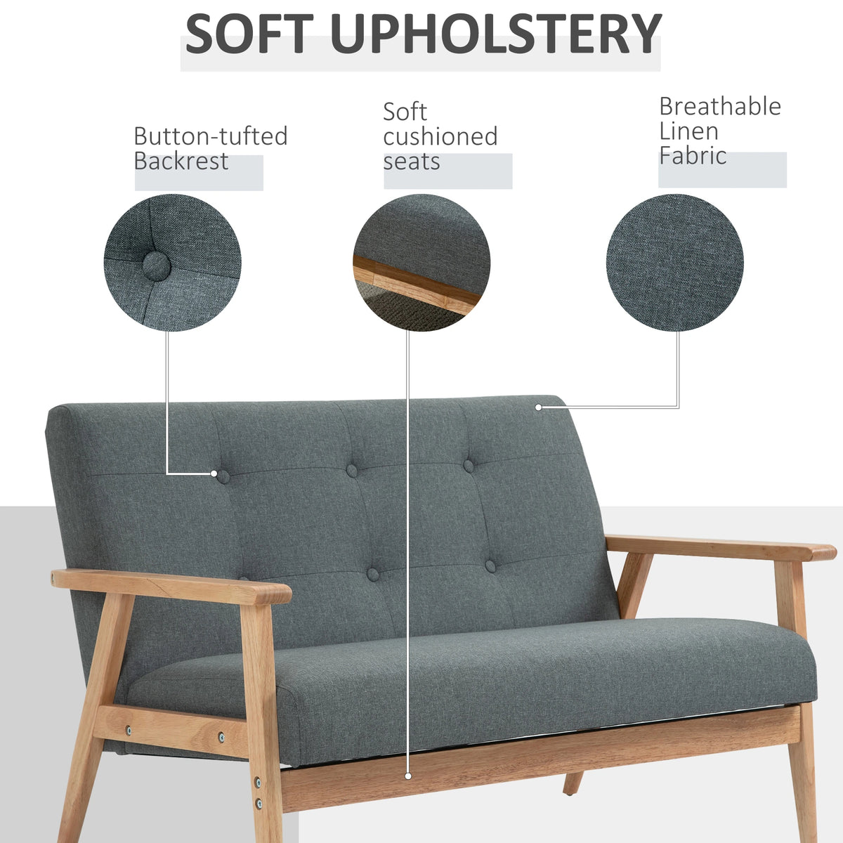 45" 2 Seat Sofa Upholstered Couch, Rubber Wood Legs, Dark Grey 2-Seater Sofas at Gallery Canada