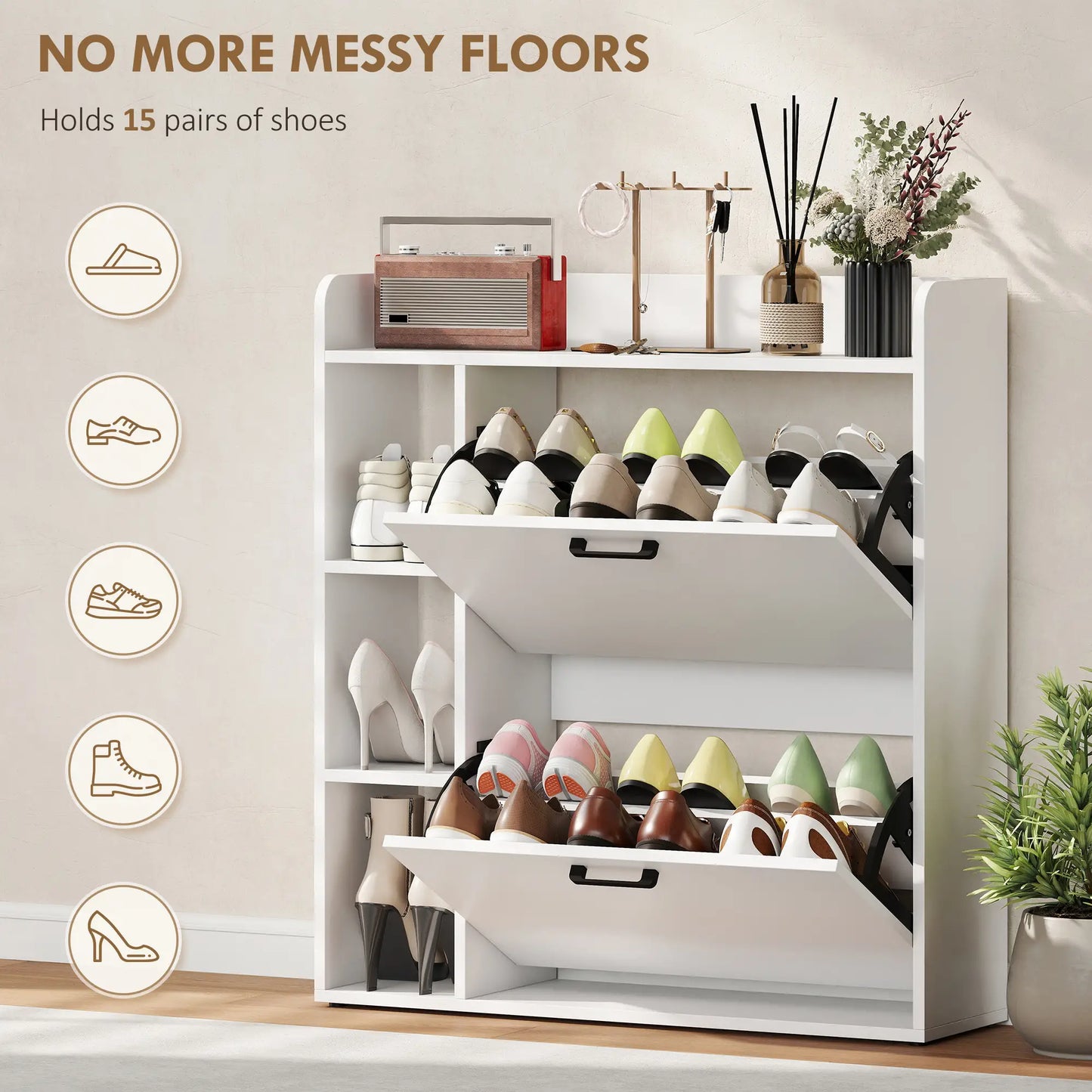 Shoe Cabinet With 2 Flip Drawers, 8-12 Pairs, White