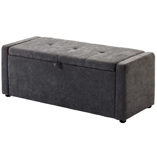 Storage Ottoman Bench, Linen Fabric, Wide Padded Seat, Dark Grey