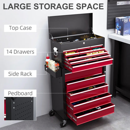14 Drawer Rolling Tool Chest, Lockable Storage Cabinet, Detachable Top Toolbox, Red Tool Organizers at Gallery Canada