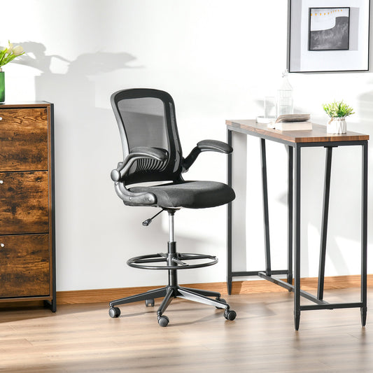 Tall Drafting Desk Chair Office Mesh Standing Chair with Foot Ring, Flip-up Arm, 360° Swivel Wheels, Black - Gallery Canada