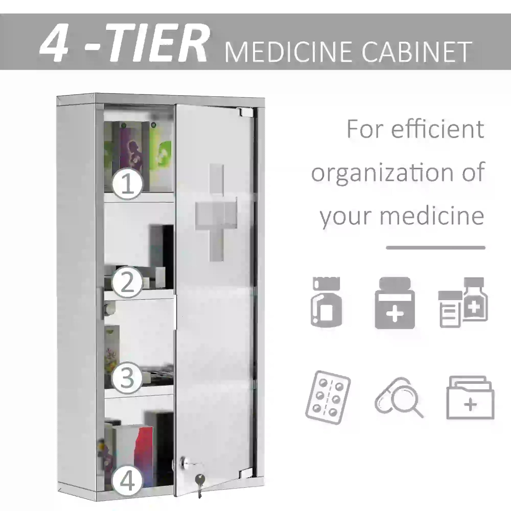 Wall Mount Medicine Cabinet, 4 Tier Shelves, Stainless Steel Frame, Glass Door, Lockable, 12" x 23.5", Silver Mirror Medicine Cabinets at Gallery Canada