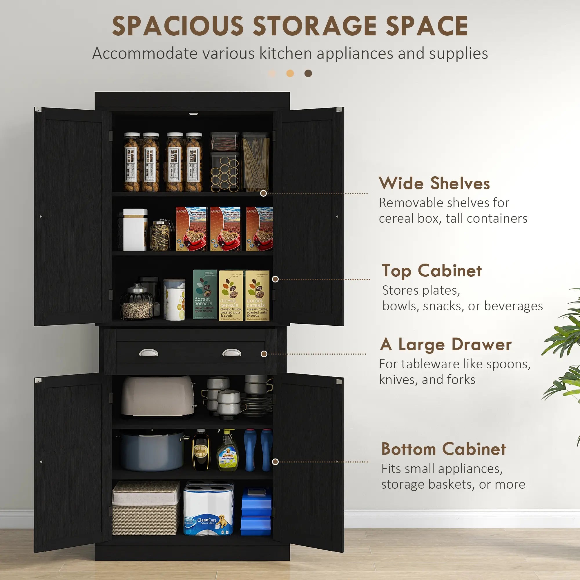 72 Inch Tall Pantry Cabinet, 4 Door Kitchen Storage, Black Wood Grain, Black Kitchen Pantry Cabinets at Gallery Canada