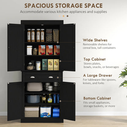 72 Inch Tall Pantry Cabinet, 4 Door Kitchen Storage, Black Wood Grain, Black Kitchen Pantry Cabinets at Gallery Canada
