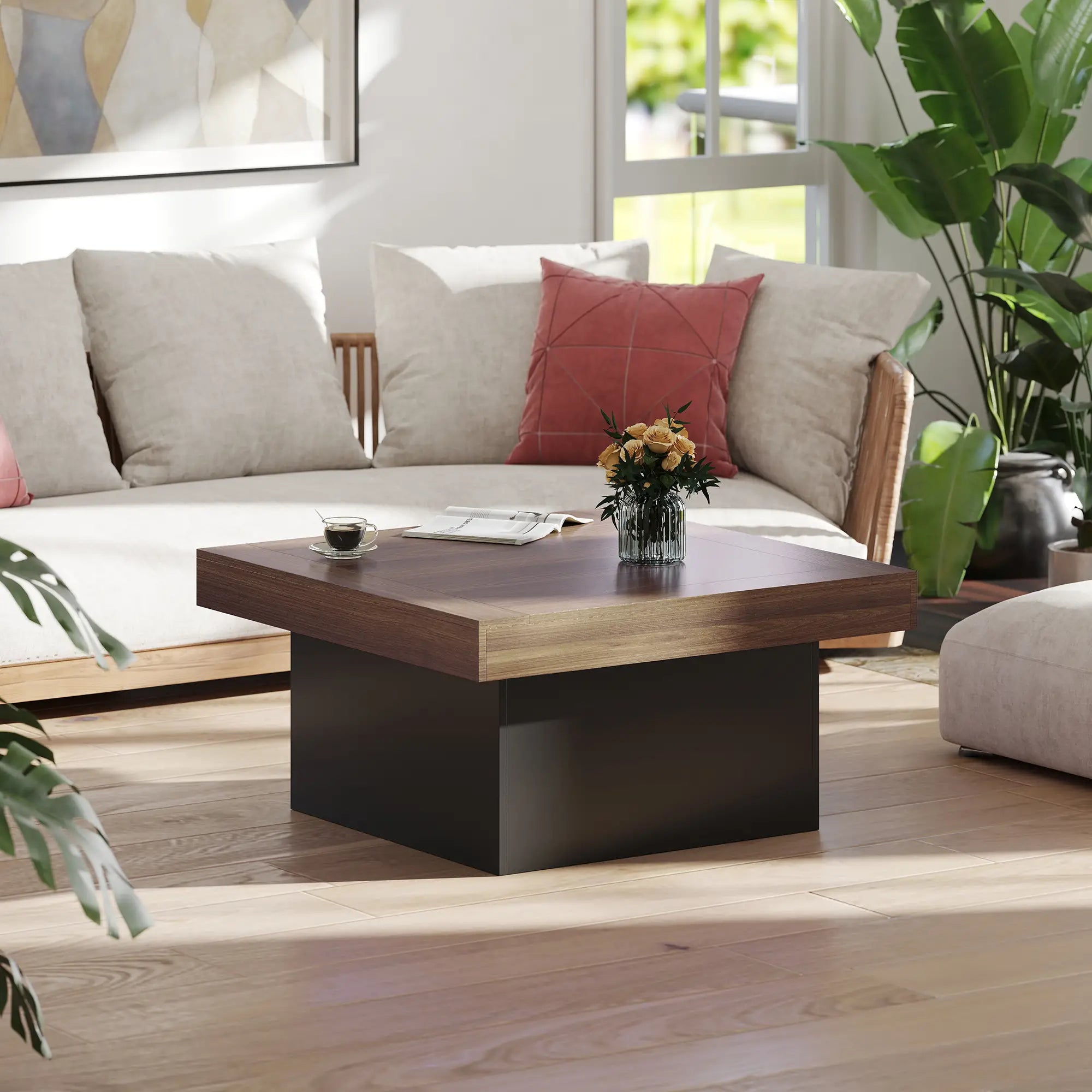 Square Coffee Table with LED Lights, 35-inch, Walnut Coffee Tables at Gallery Canada