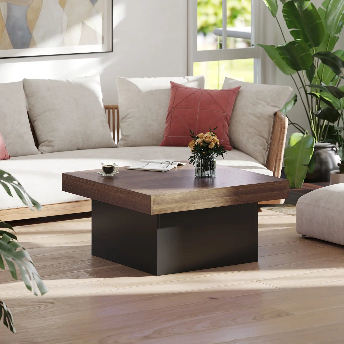 Square Coffee Table with LED Lights, 35-inch, Walnut Coffee Tables at Gallery Canada