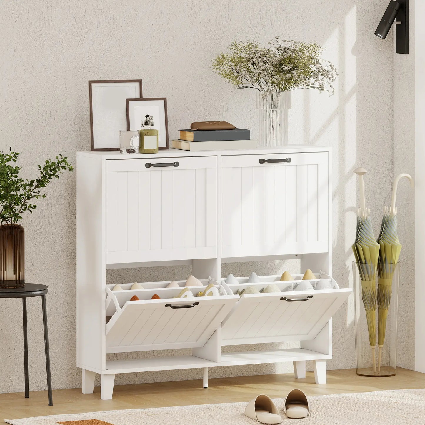 Shoe Cabinet with 4 Flip Drawers, Freestanding Narrow Shoe Storage Cabinet with Adjustable Shelves, Open Back, White