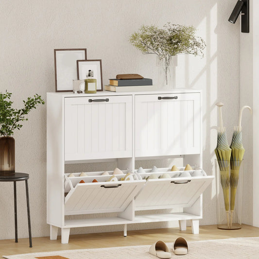 Shoe Cabinet with 4 Flip Drawers, Freestanding Narrow Shoe Storage Cabinet with Adjustable Shelves, Open Back, White Shoe Storage Cabinets & Racks White at Gallery Canada