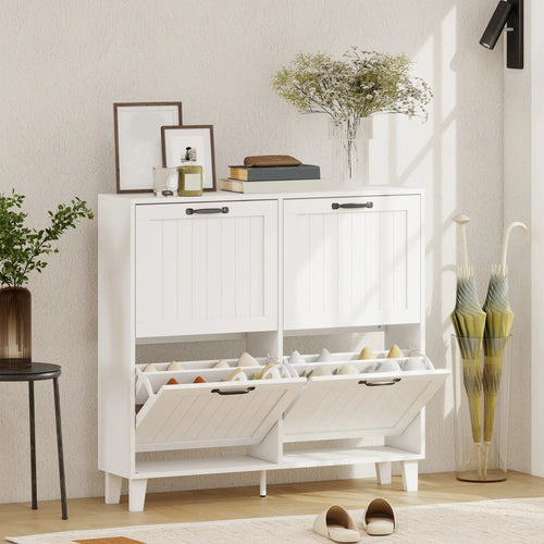Shoe Cabinet with 4 Flip Drawers, Freestanding Narrow Shoe Storage Cabinet with Adjustable Shelves, Open Back, White