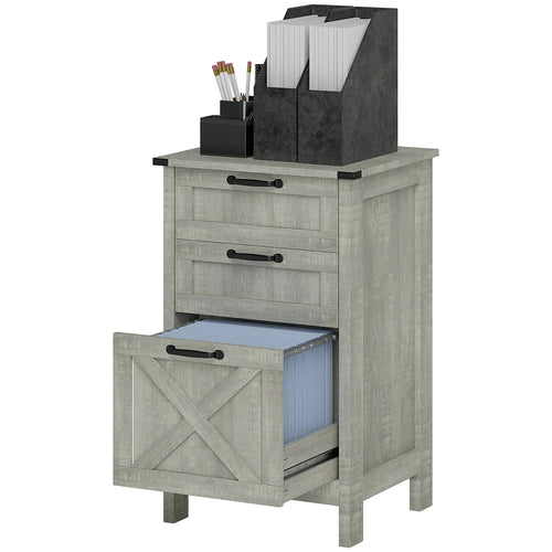 Vertical 3-Drawer Filing Cabinet, Rustic Farmhouse, A4 Letter Size, Stone Grey
