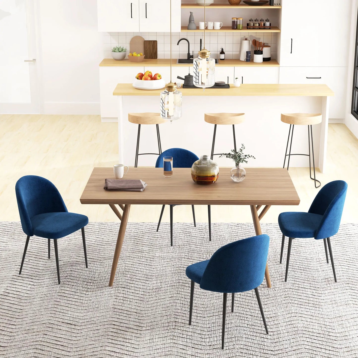 Modern Dining Chairs, Mid-Back Velvet Upholstery, Set of 4, Dark Blue Bar Stools at Gallery Canada