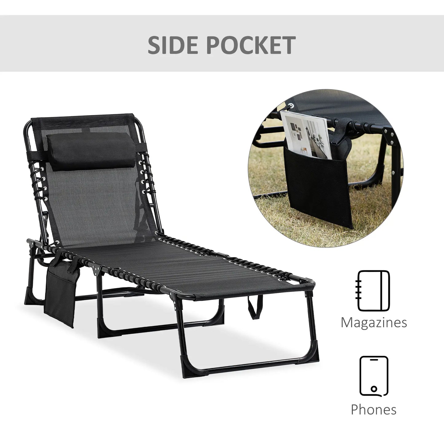 Outdoor Folding Chaise Lounge, Adjustable Backrest, Removable Pillow, Black Lounger Chairs at Gallery Canada