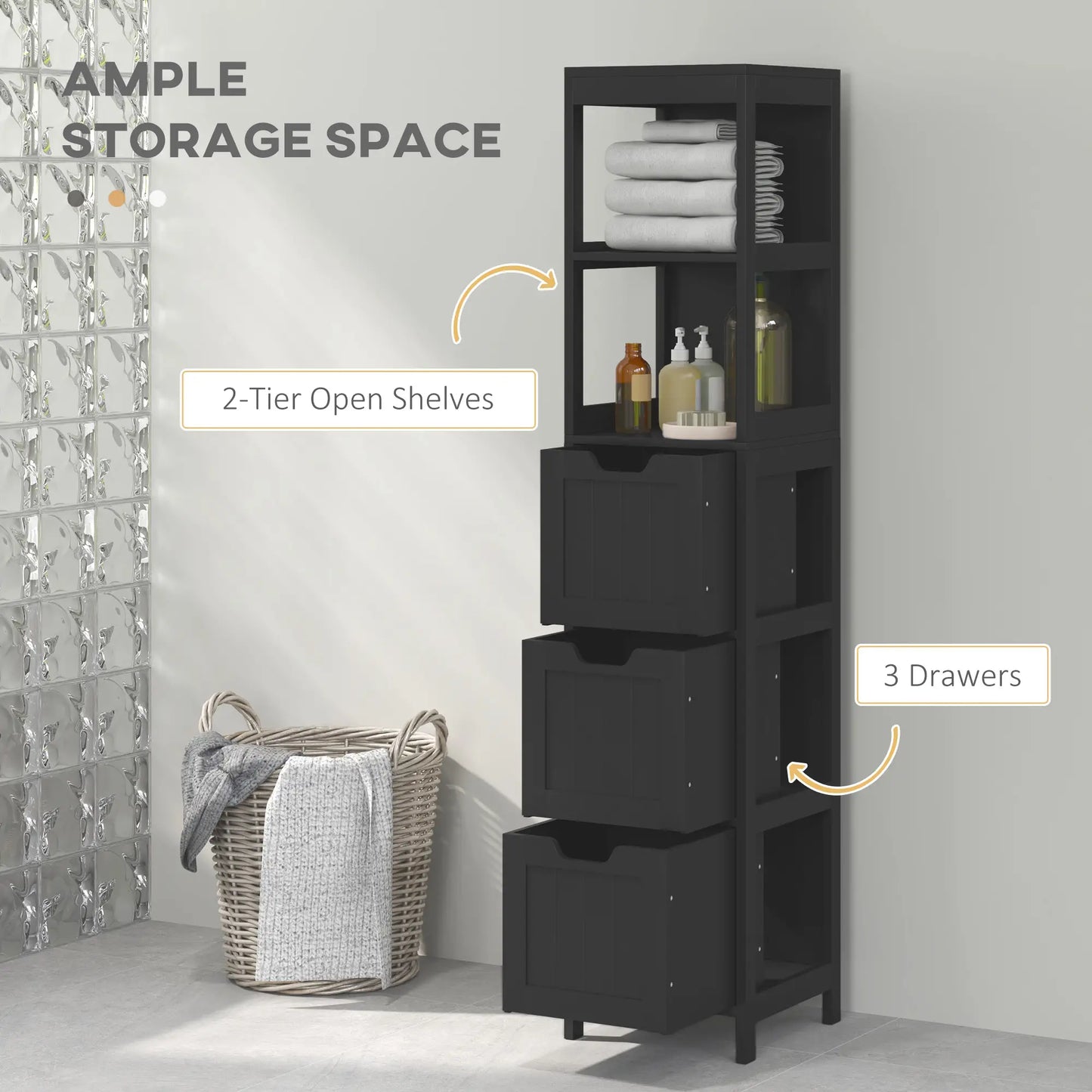 Narrow Bathroom Cabinet, 3 Drawers, 2 Tier Shelf, Tall Cupboard, Black Bathroom Cabinets at Gallery Canada