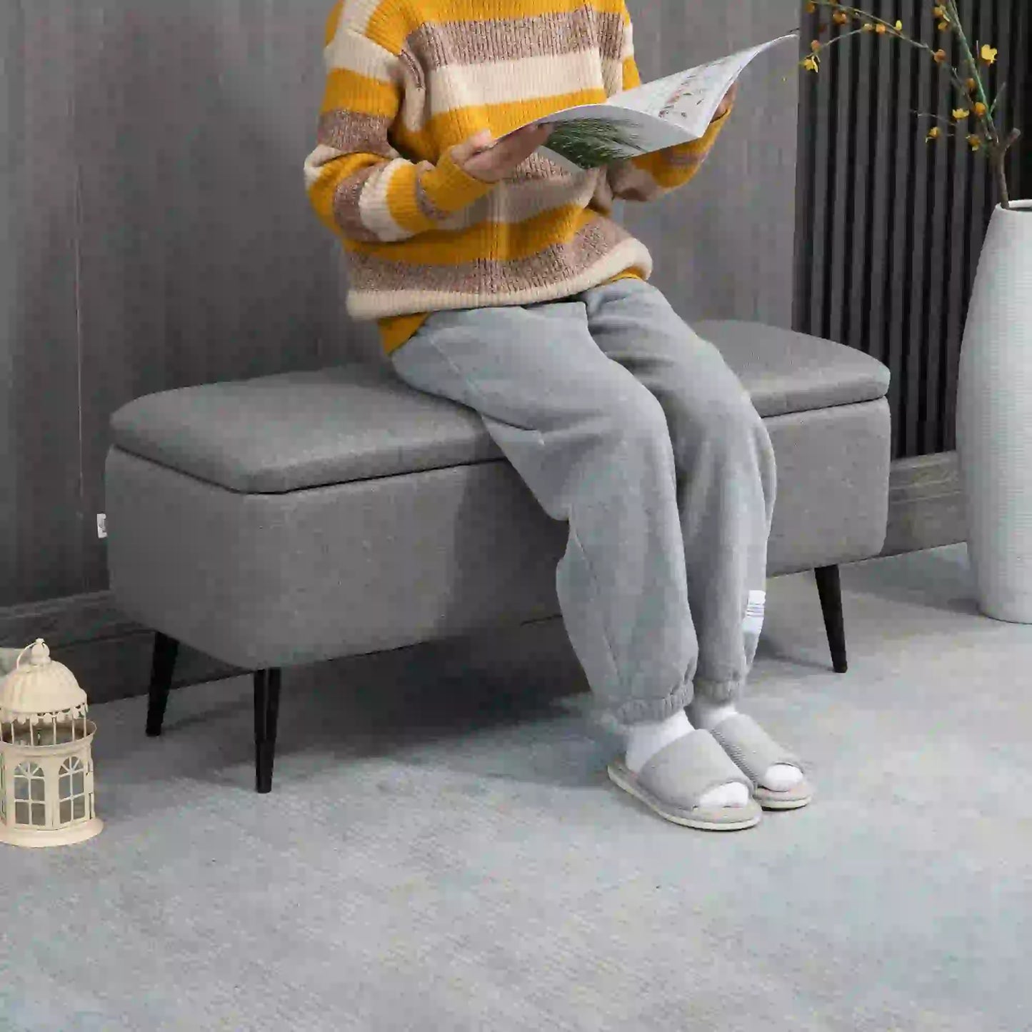 40" Ottoman with Storage, Linen Upholstered Bench, Steel Legs, Grey Storage Ottomans & Benches at Gallery Canada