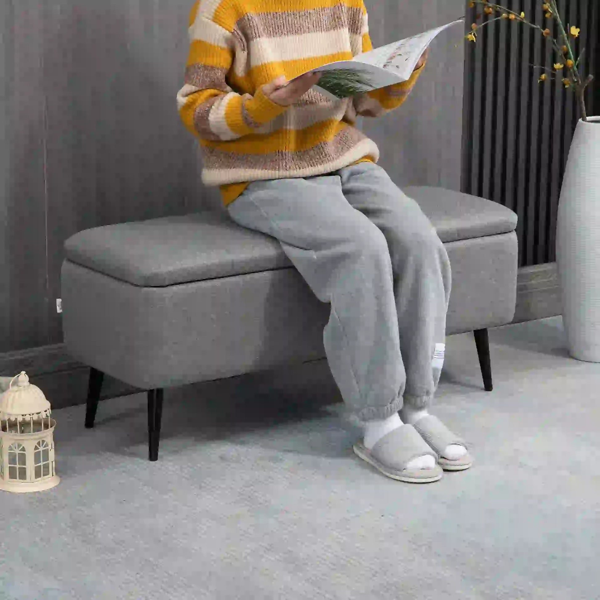 40" Ottoman with Storage, Linen Upholstered Bench, Steel Legs, Grey Storage Ottomans & Benches at Gallery Canada