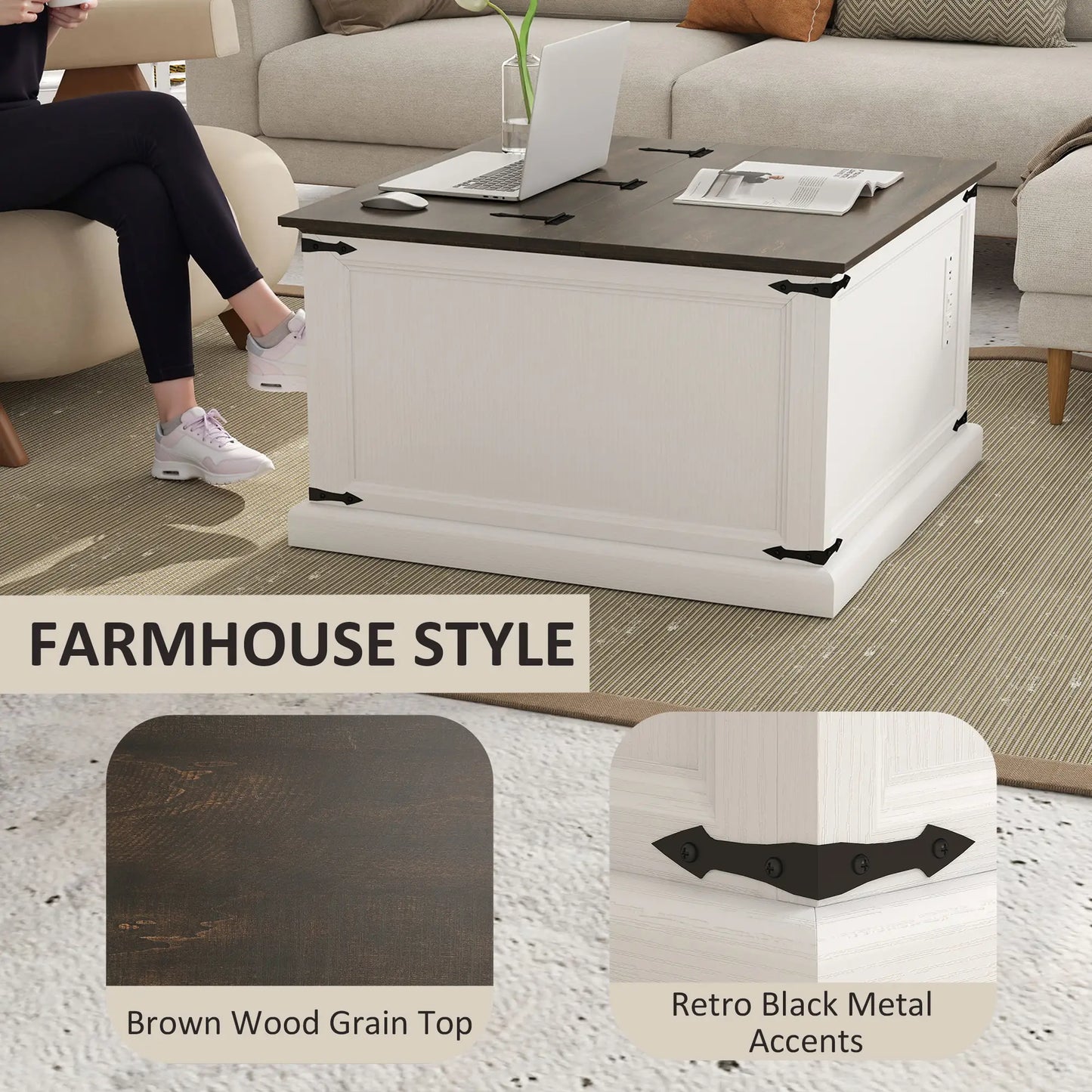 Lift Top Coffee Table, Square Farmhouse Center Table, White Wood Grain, White Coffee Tables at Gallery Canada