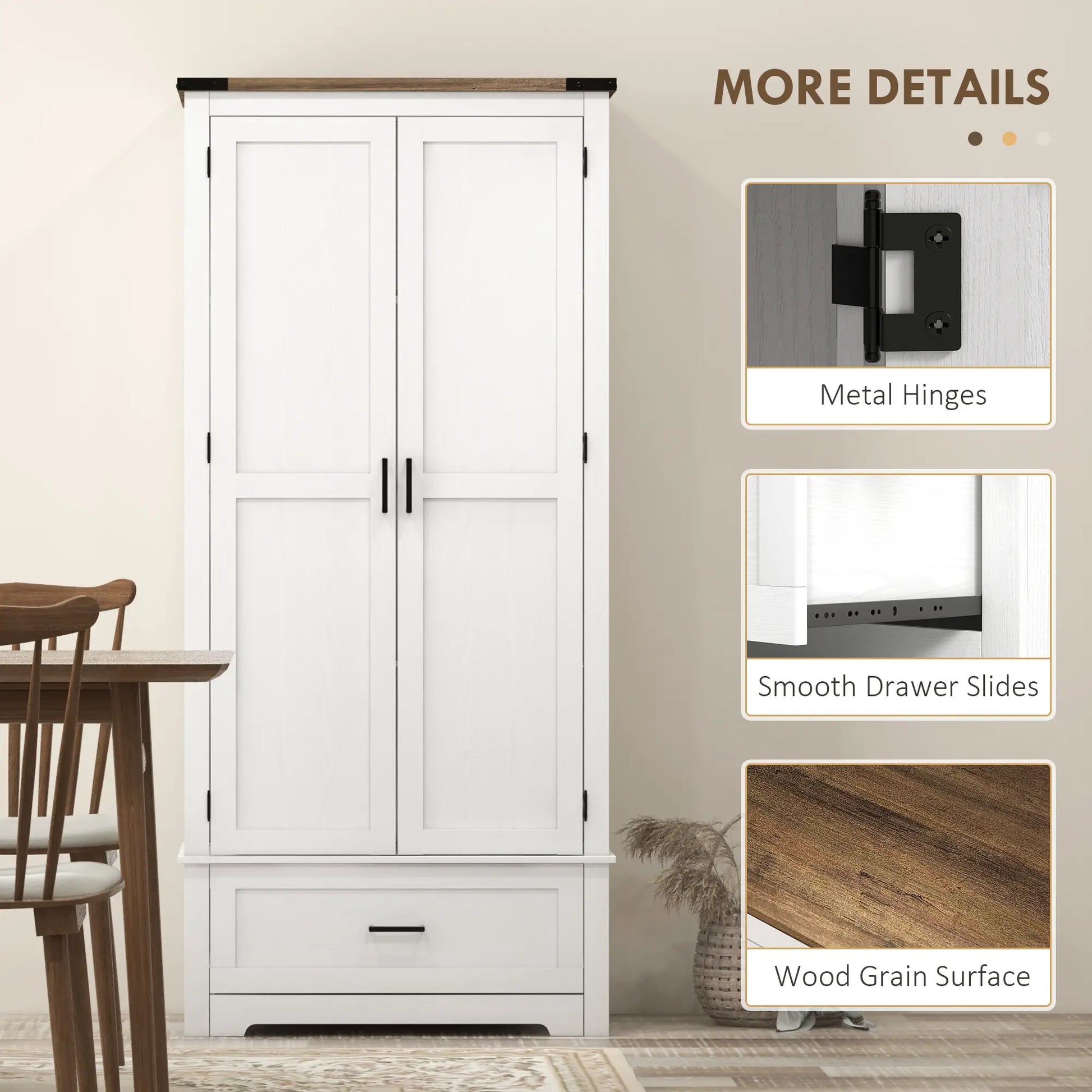 69" Tall Farmhouse Pantry Cabinet, 2 Doors, Drawer, Adjustable Shelves, White Kitchen Pantry Cabinets at Gallery Canada