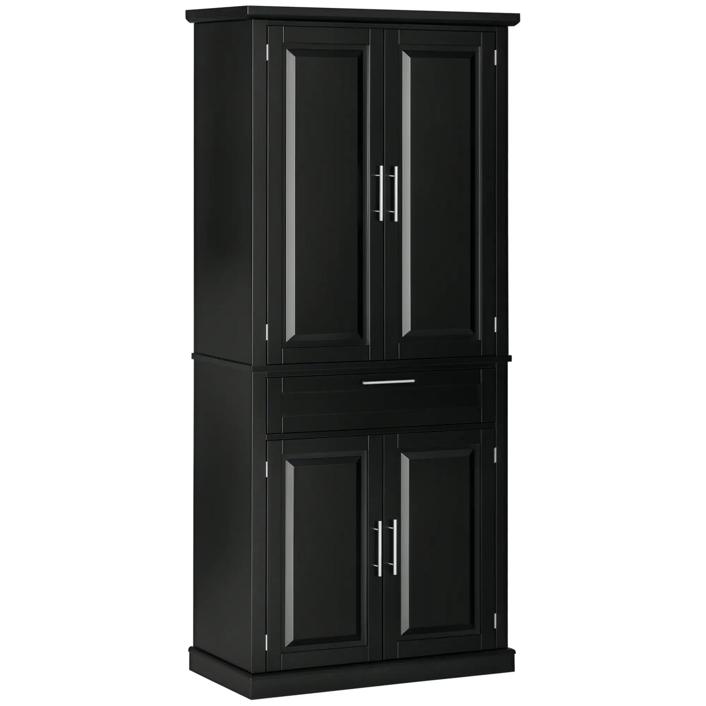 72" Kitchen Pantry Cabinet, 4-Door with Drawer, Adjustable Shelves, Black Kitchen Pantry Cabinets Black at Gallery Canada