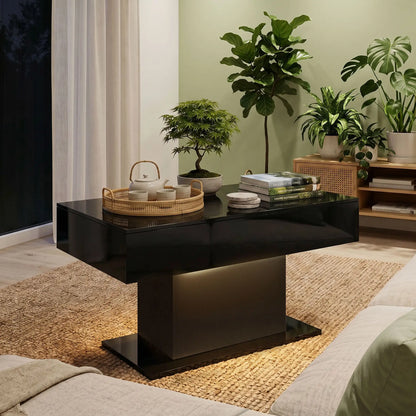 LED Coffee Table with Storage, High Gloss Modern Center Table with 2 Drawers and Remote Control for Living Room, Black
