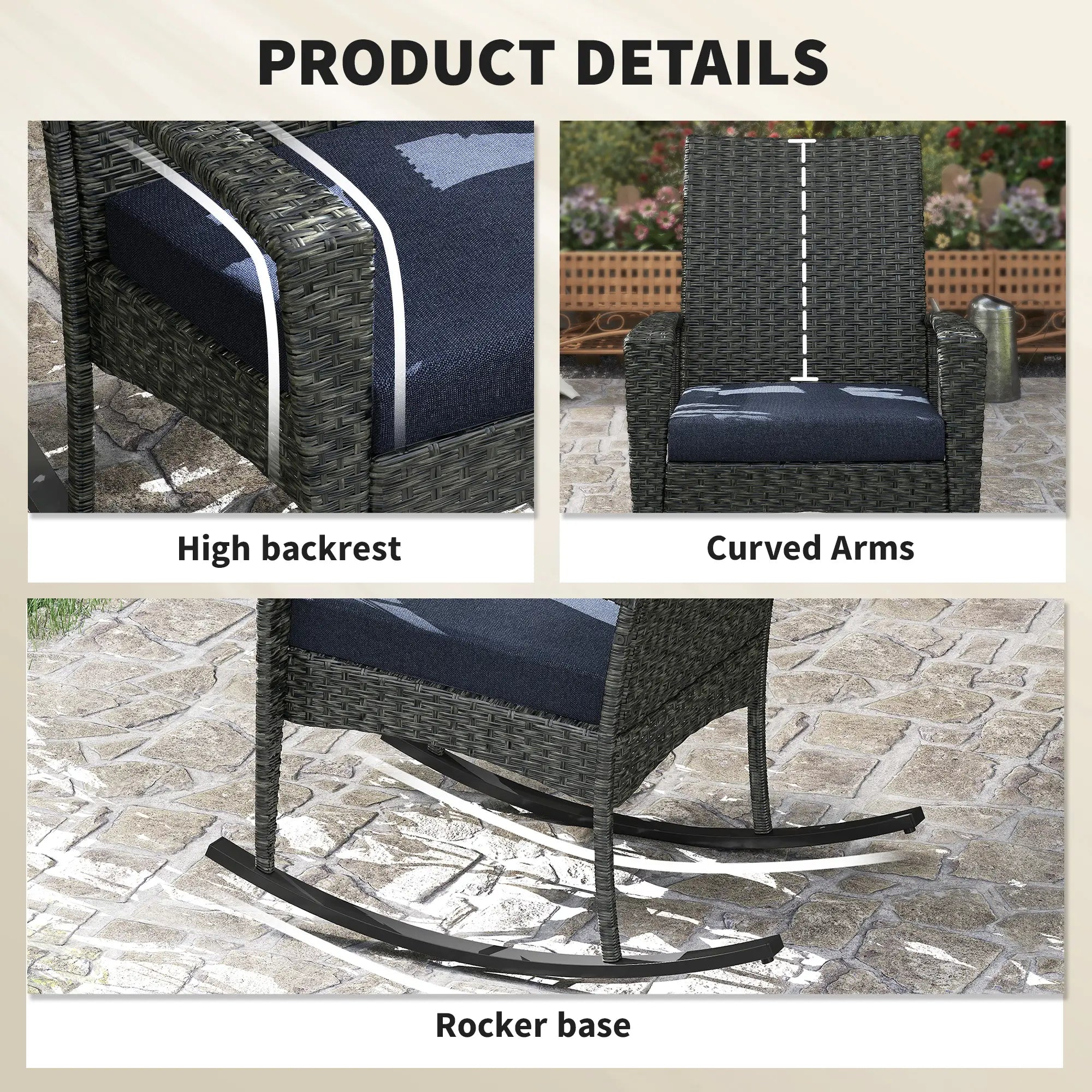 Outdoor Rocking Chair, Patio Wicker Chair, Removable Cushion, Navy Blue Outdoor Rocking Chairs at Gallery Canada