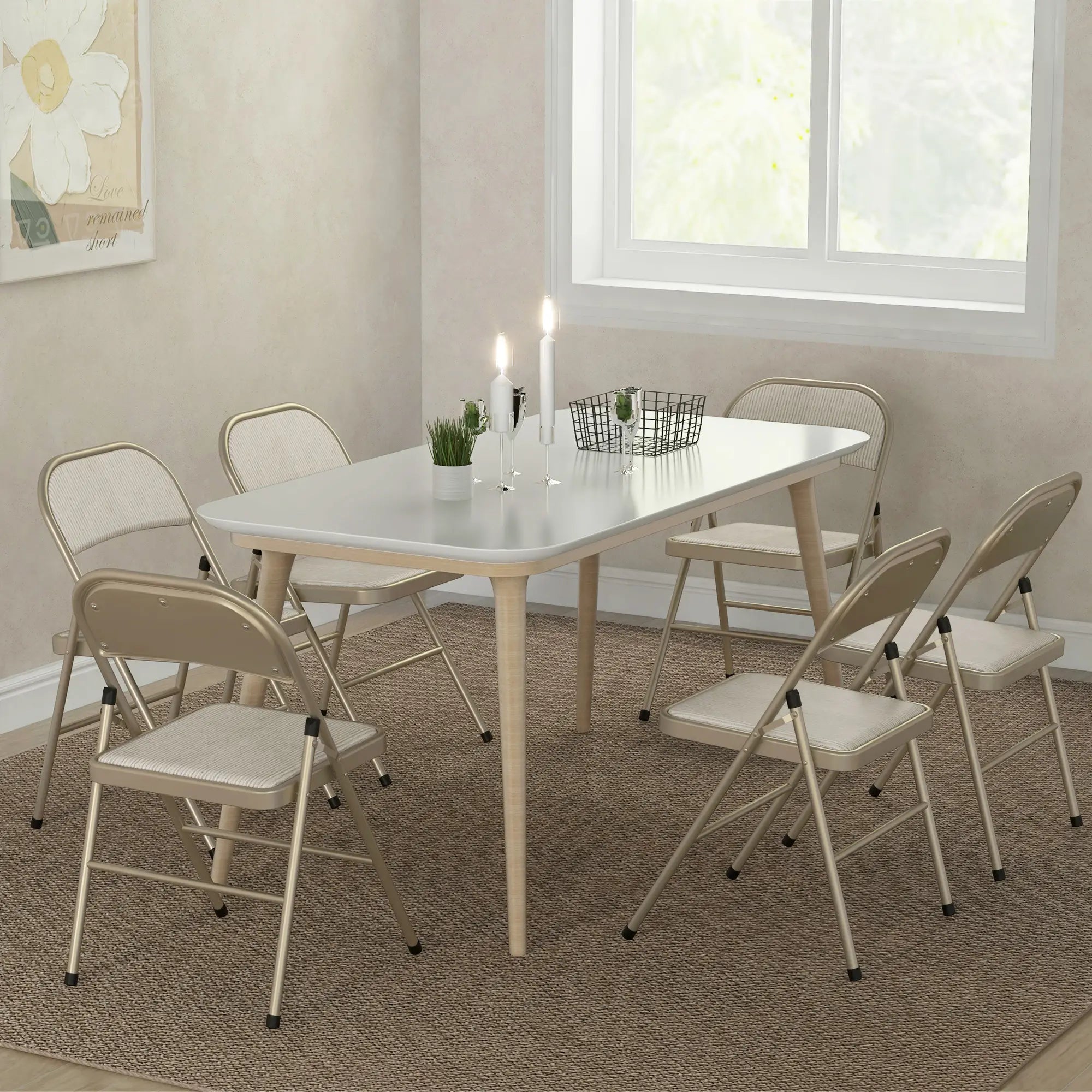 Set of 6 Metal Foldable Chairs, Linen Padded, Beige Dining Chairs at Gallery Canada