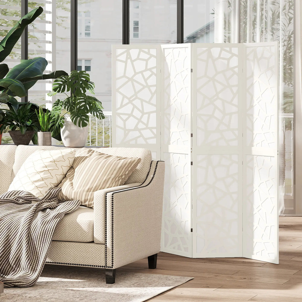 4 Panel Room Divider, 5.6 FT Geometric Pattern Privacy Screen, White Room Dividers at Gallery Canada