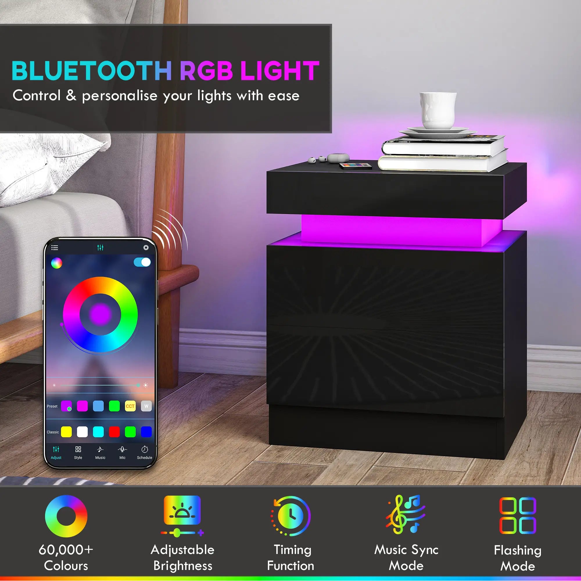 Nightstand Set of 2, End Tables with LED Lights, 2 Drawers, Black Bedside Tables at Gallery Canada