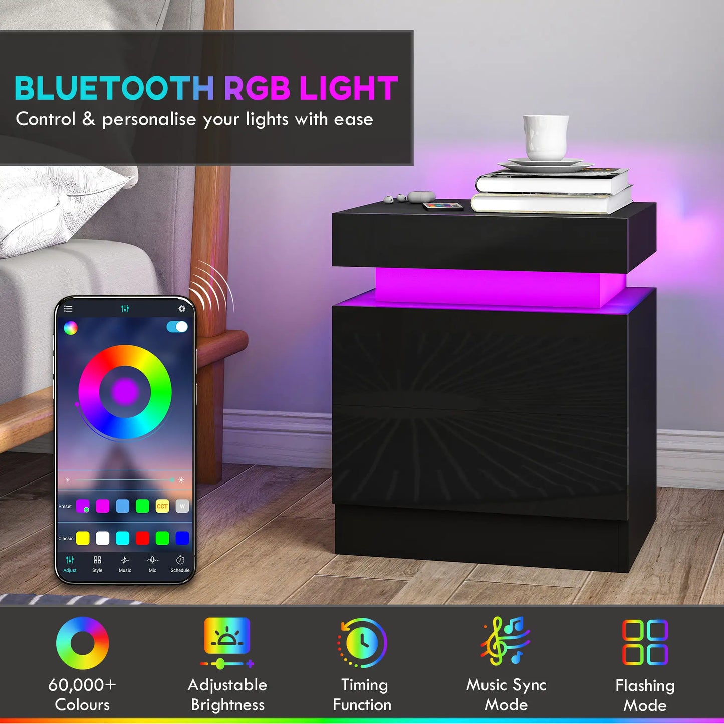 Nightstand Set of 2, End Tables with LED Lights, 2 Drawers, Black Bedside Tables at Gallery Canada