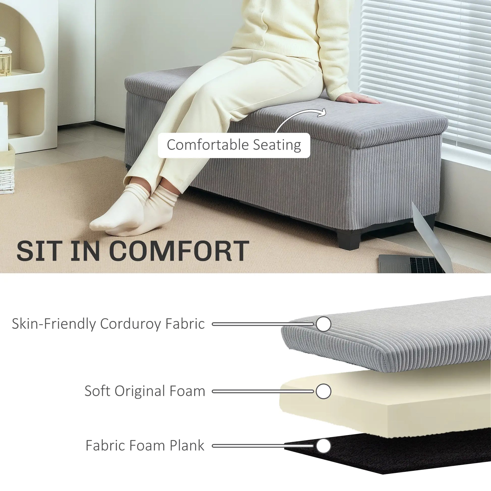 44 Inches Ottoman with Storage, Lid, Legs, Corduroy Bench, Light Grey Storage Ottomans & Benches at Gallery Canada