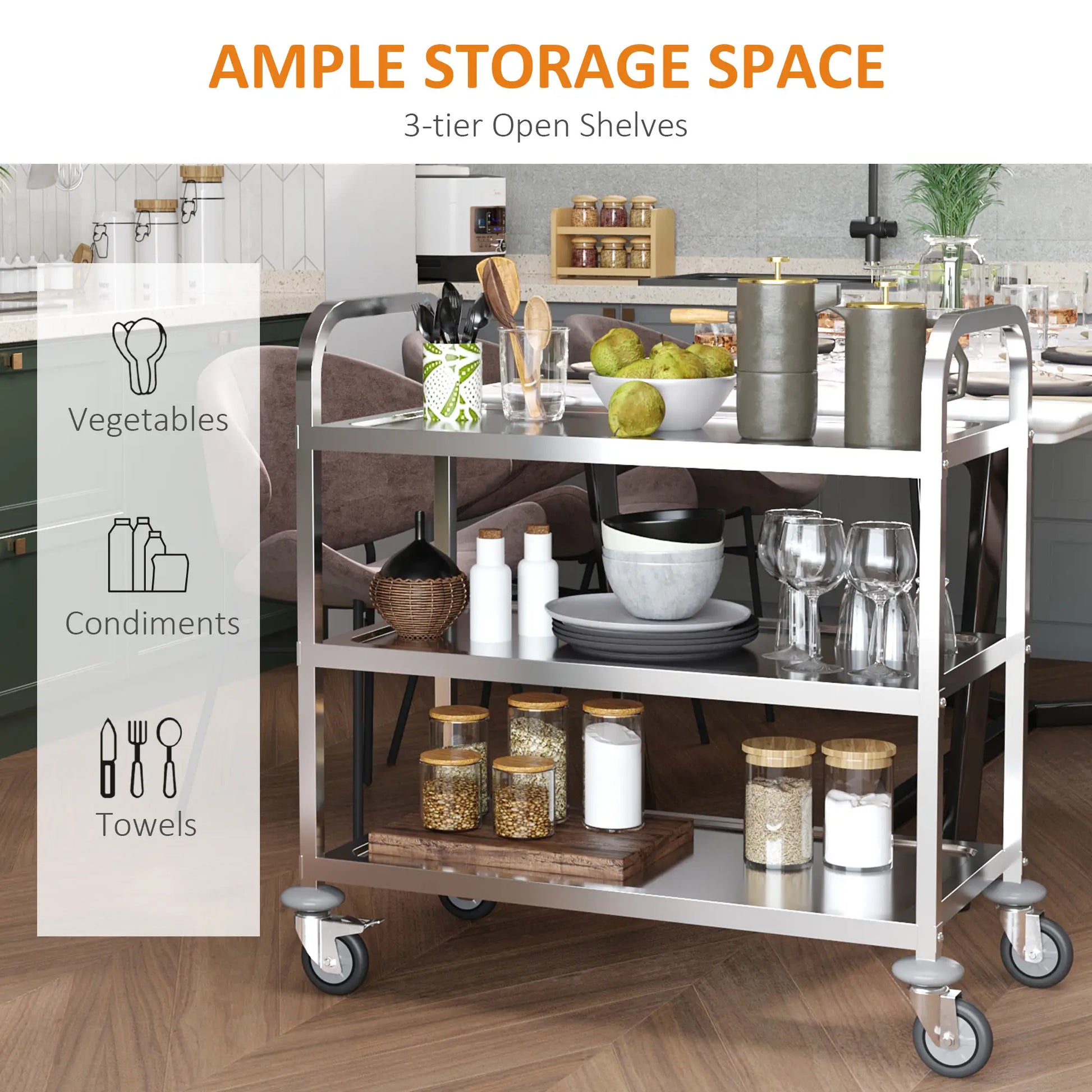 33" 3-Tier Kitchen Trolley, Stainless Steel, Wheeled Storage Cart, 330LBS Kitchen Islands & Kitchen Carts at Gallery Canada