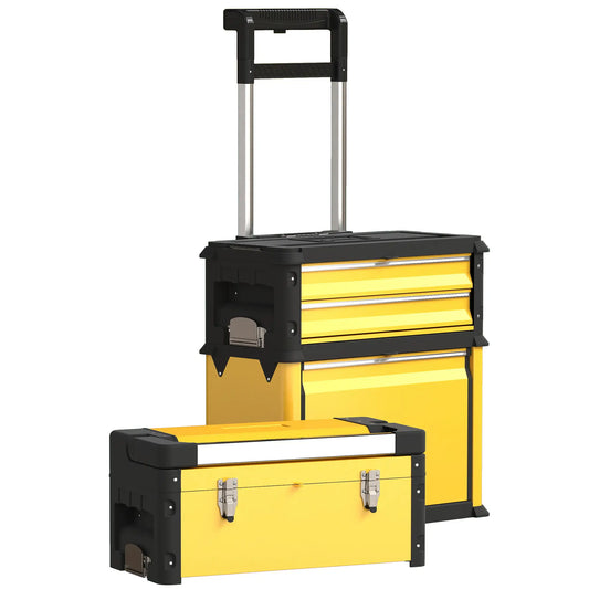Boîte à outils 3-en-1 avec roues, empilable, boîte à outils modulaire en acier, jaune