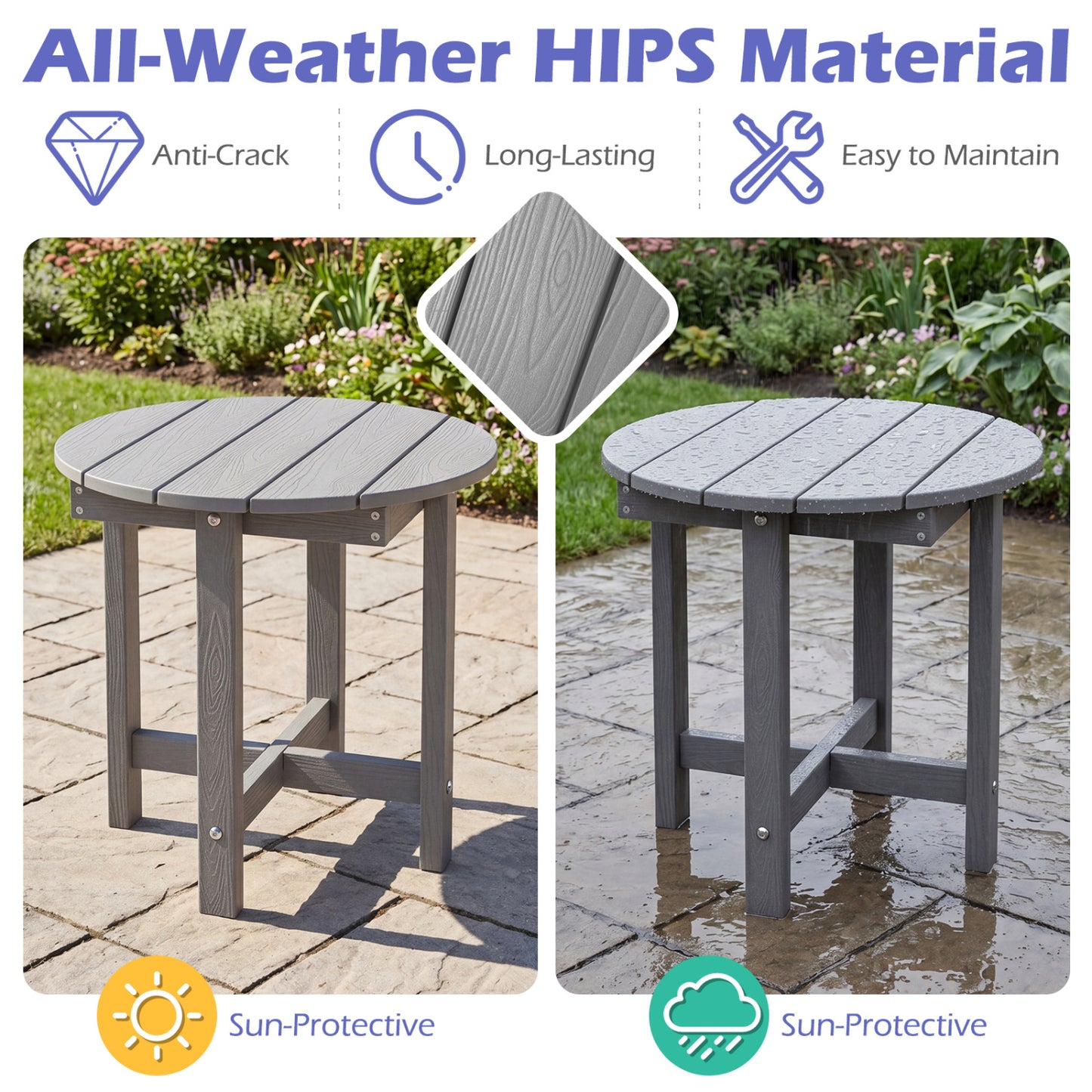HIPS Adirondack Side Table with Weather-Resistant and Waterproof Top, Gray