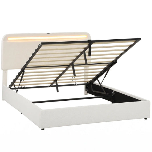 Queen Bed Frame with Charging Station, LED Lights, Adjustable Headboard, White Bed Frames White at Gallery Canada