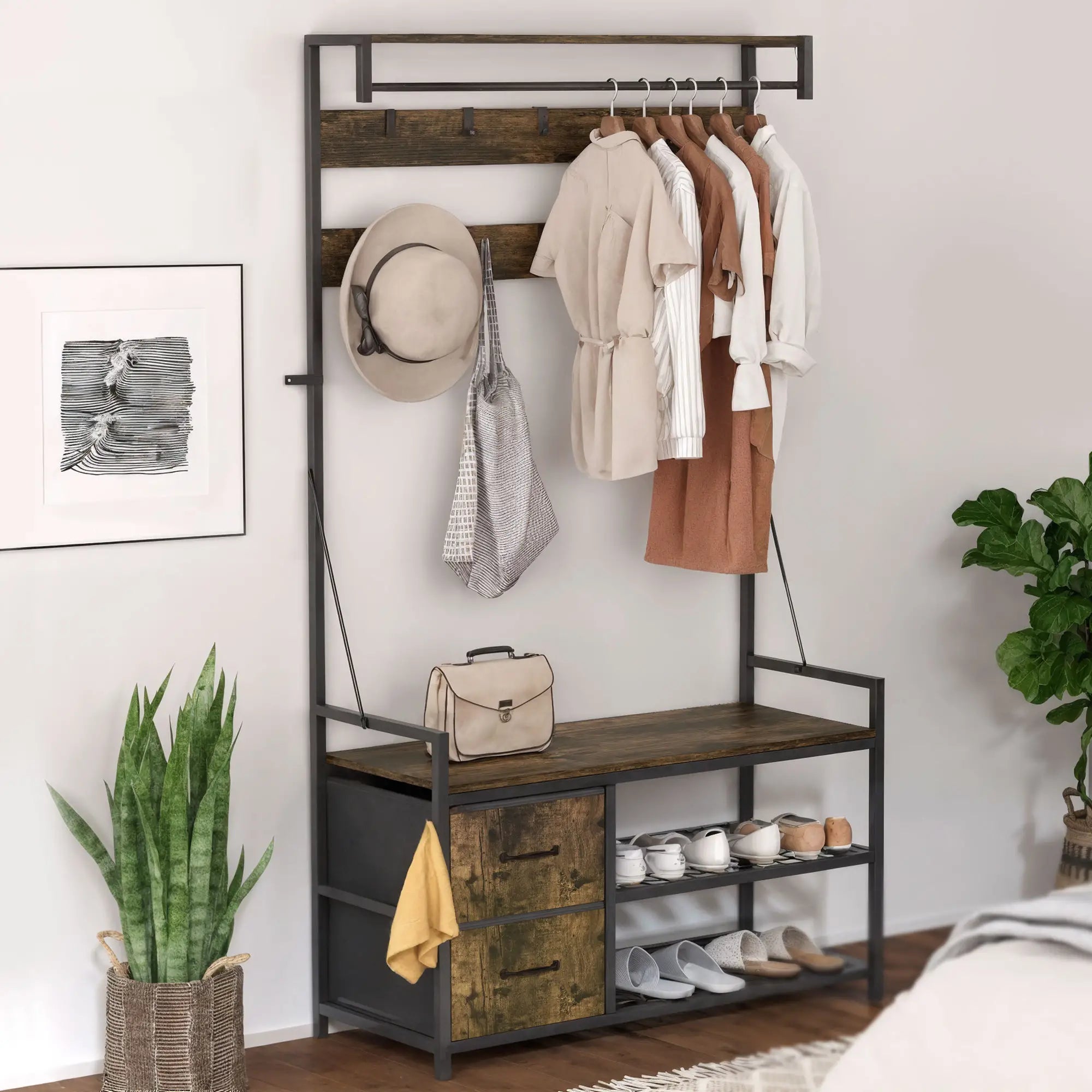 6-In-1 Hall Tree, Bench with Shoe Storage, 10 Hooks, 2 Fabric Drawers, Rustic Brown Clothing Storage at Gallery Canada