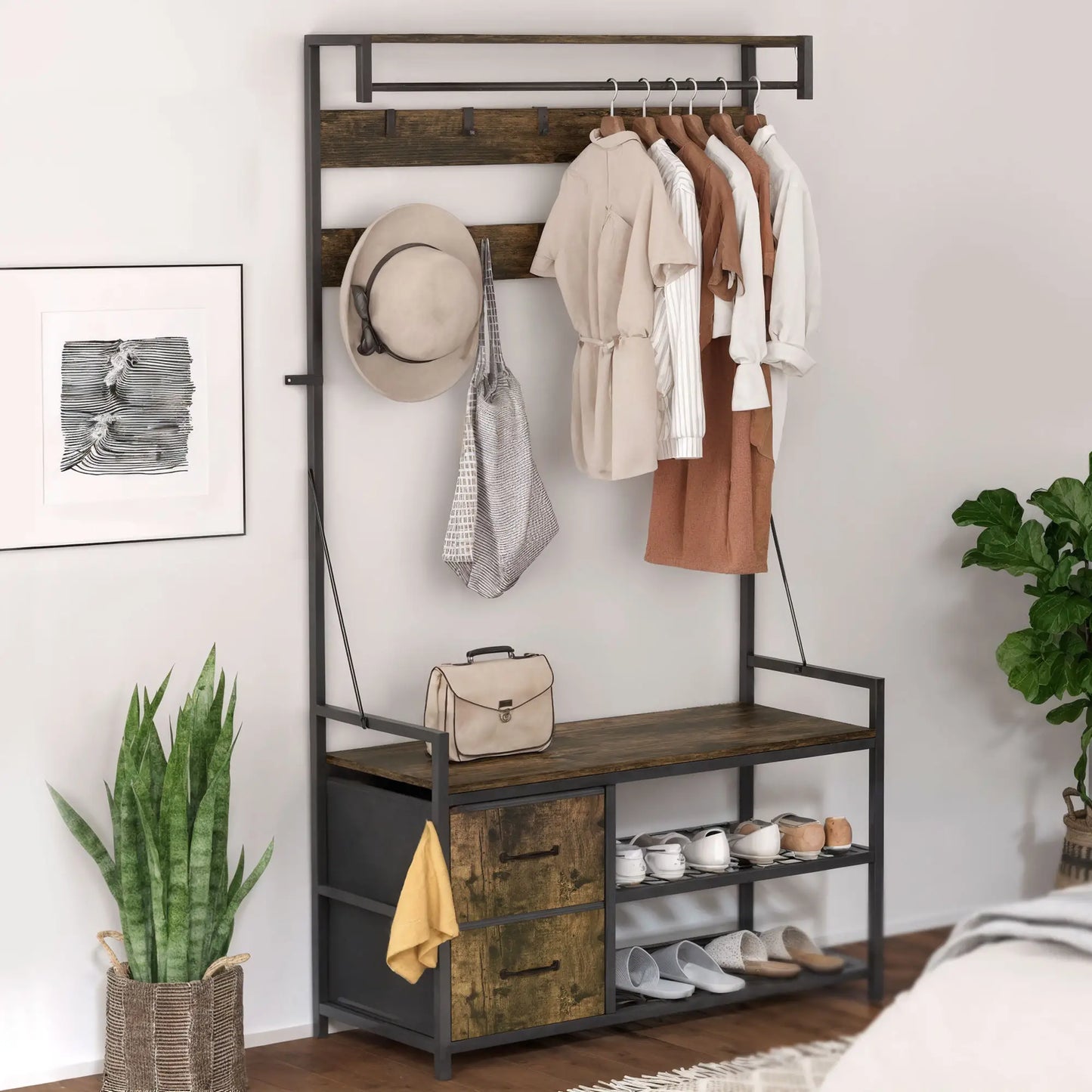 6-In-1 Hall Tree, Bench with Shoe Storage, 10 Hooks, 2 Fabric Drawers, Rustic Brown Clothing Storage at Gallery Canada
