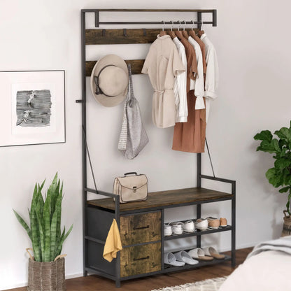6-In-1 Hall Tree, Bench with Shoe Storage, 10 Hooks, 2 Fabric Drawers, Rustic Brown Clothing Storage at Gallery Canada