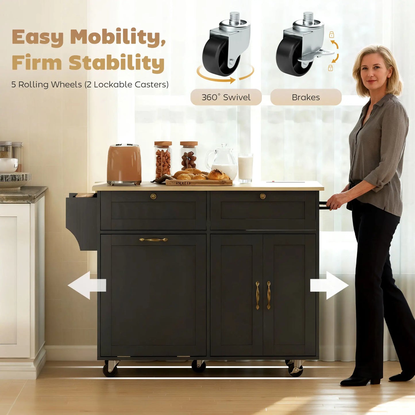 Kitchen Island Cart with Charging Station, Drop Leaf, Black Kitchen Islands & Kitchen Carts at Gallery Canada