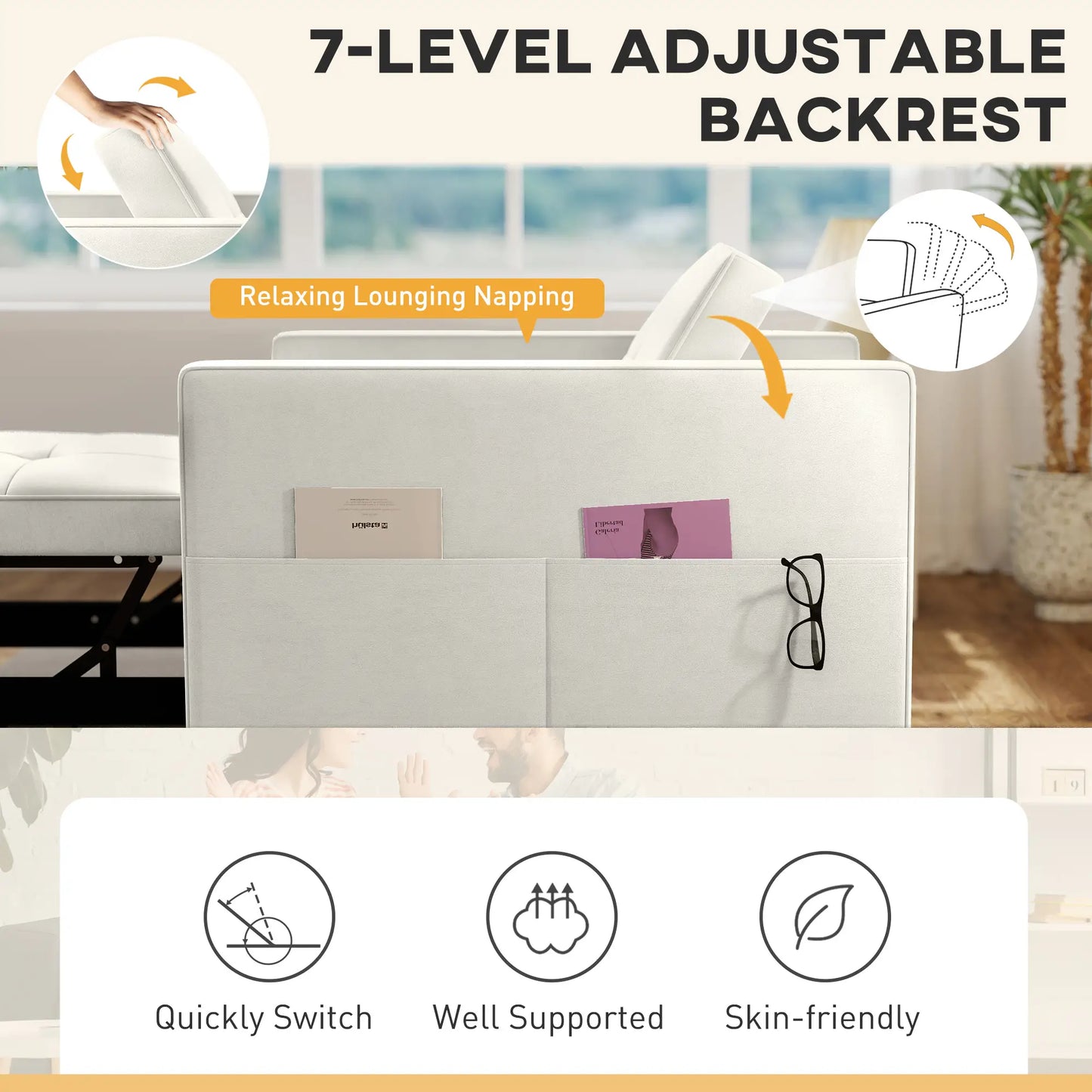 Convertible Chair Bed, Pull Out Sleeper with USB, Adjustable Backrest, Velvet Futon, Cream White Single Sofas at Gallery Canada