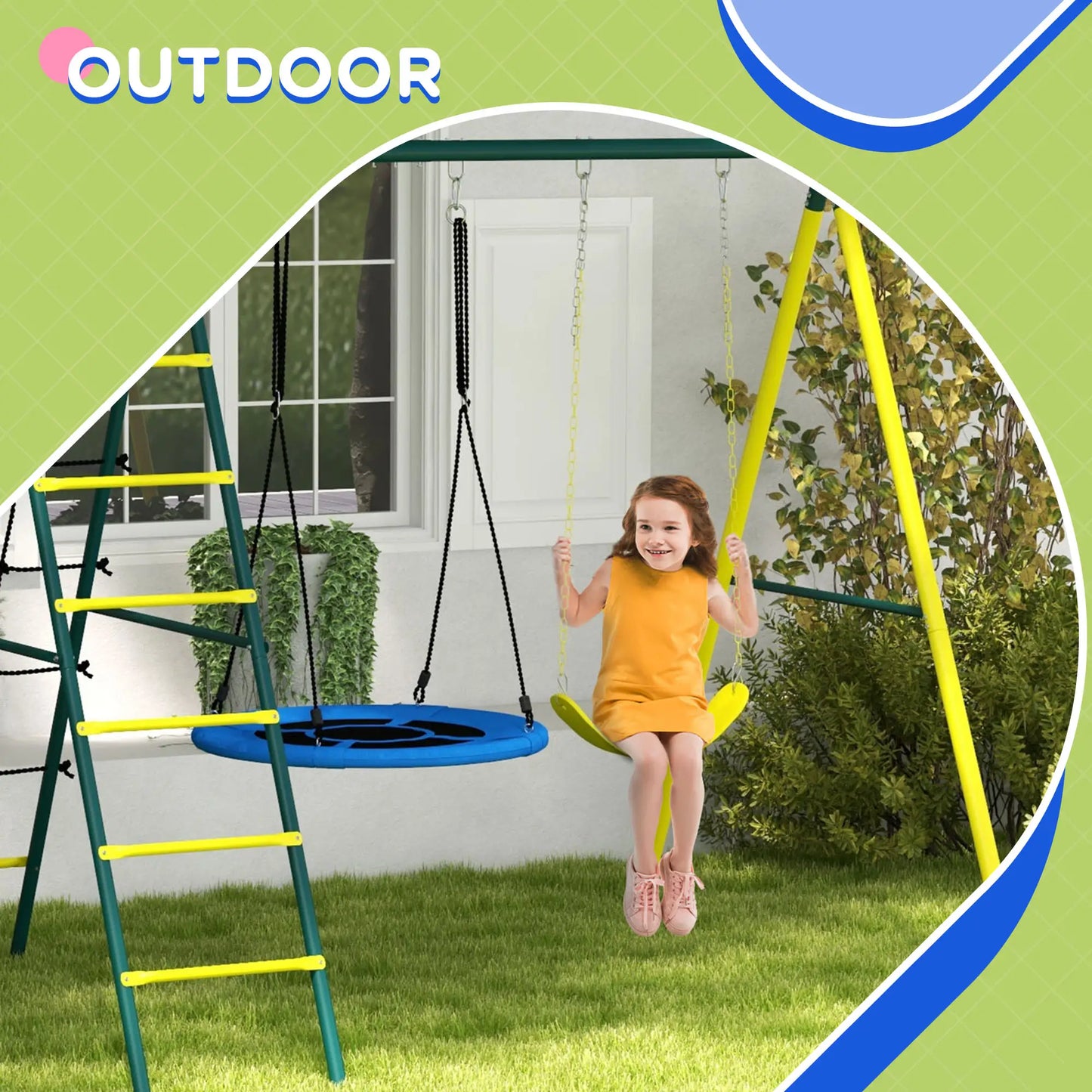 4 in 1 Swing Set, Saucer Swing, Seat, Ladder, Basketball Hoop, 3-8 Years, Yellow Gym Sets & Swings at Gallery Canada