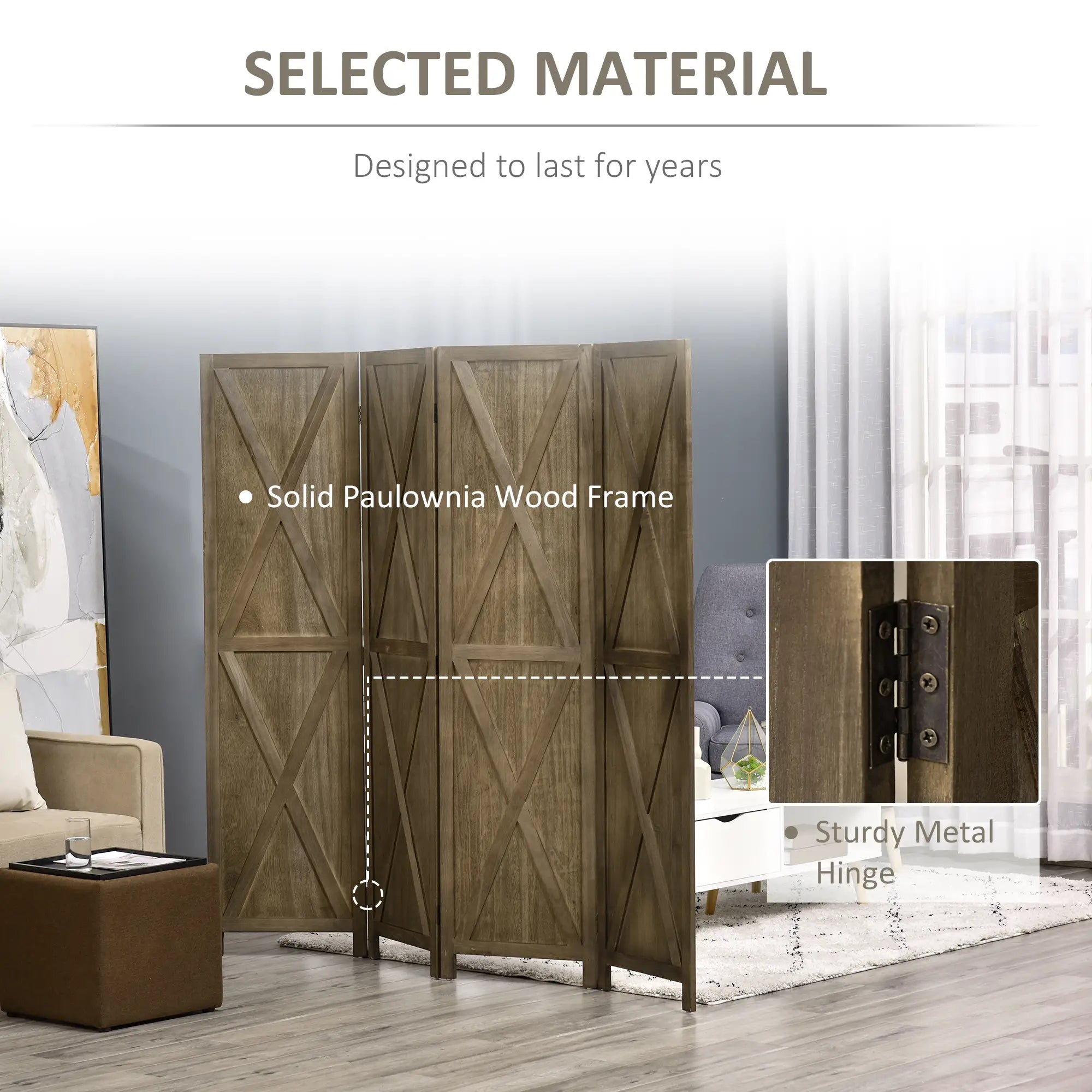 4-Panel Farmhouse Room Divider, Foldable Wooden Frame 5.6FT, Brown Room Dividers at Gallery Canada