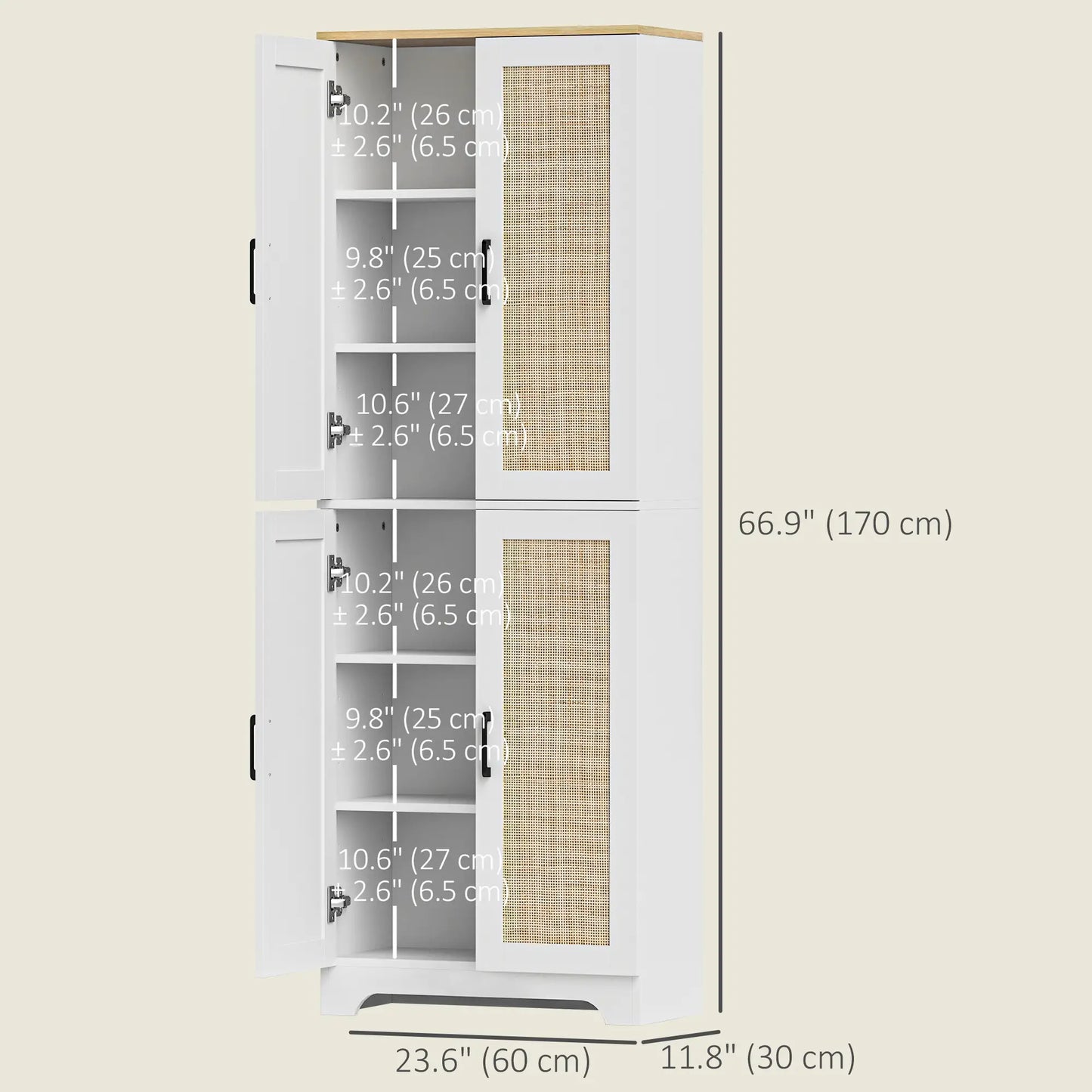 67" Tall Kitchen Pantry, Freestanding Cabinet, 4 Rattan Doors, Adjustable Shelves, White Storage Cabinets at Gallery Canada