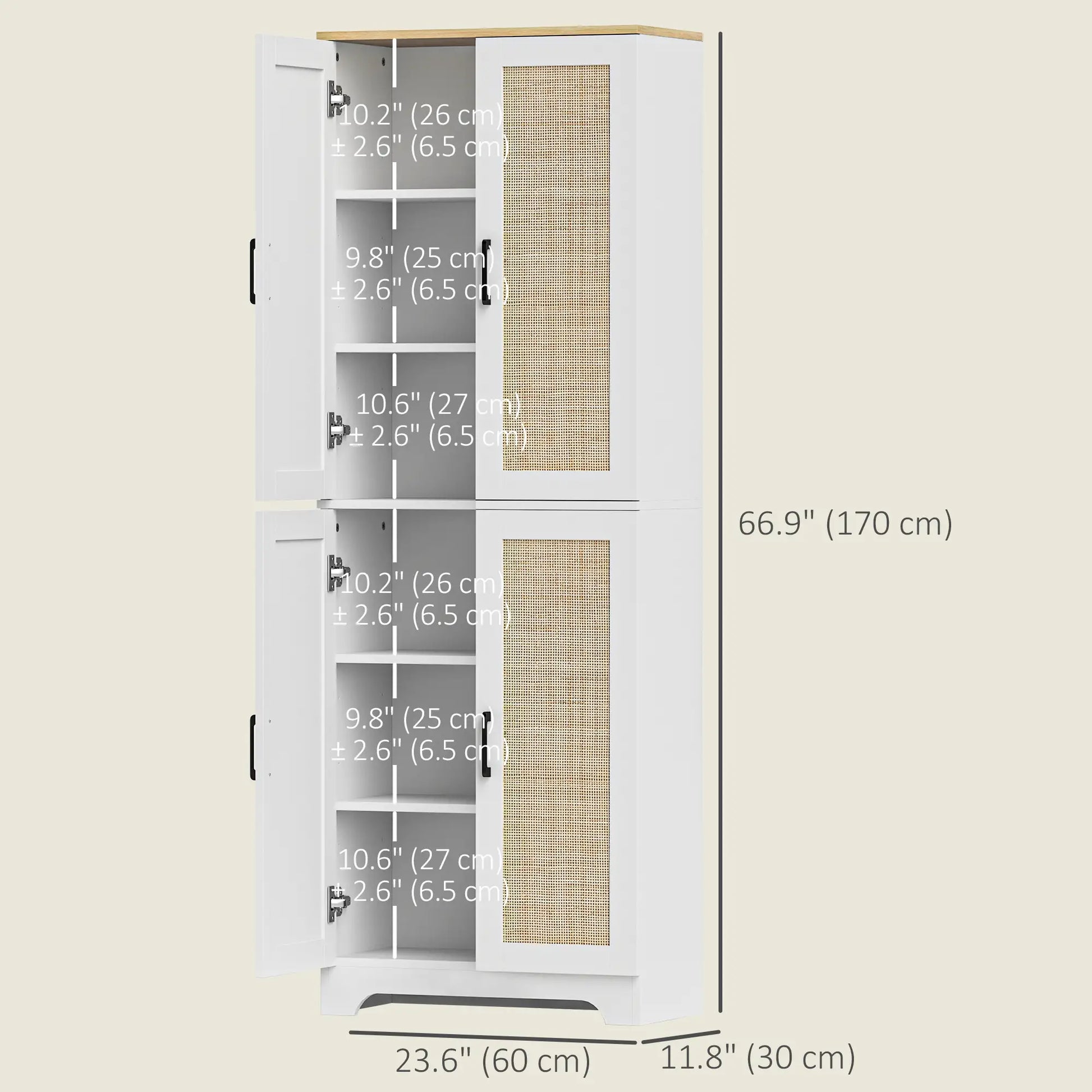 67" Tall Kitchen Pantry, Freestanding Cabinet, 4 Rattan Doors, Adjustable Shelves, White Storage Cabinets at Gallery Canada