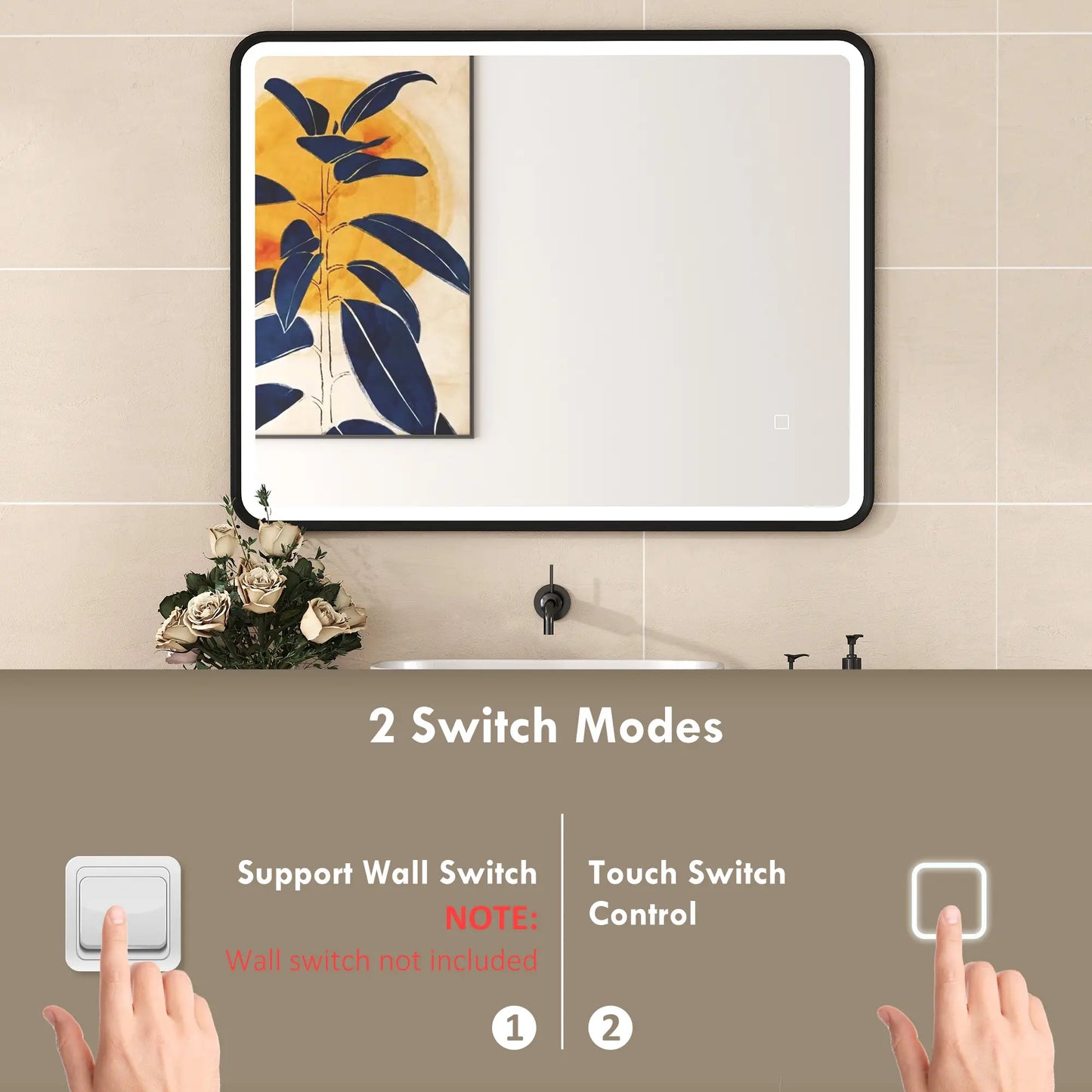 36" x 28" Bath Mirror, LED Lights, Wall Mounted, 3 Colors, Dimmable, Black Bath Accessories at Gallery Canada