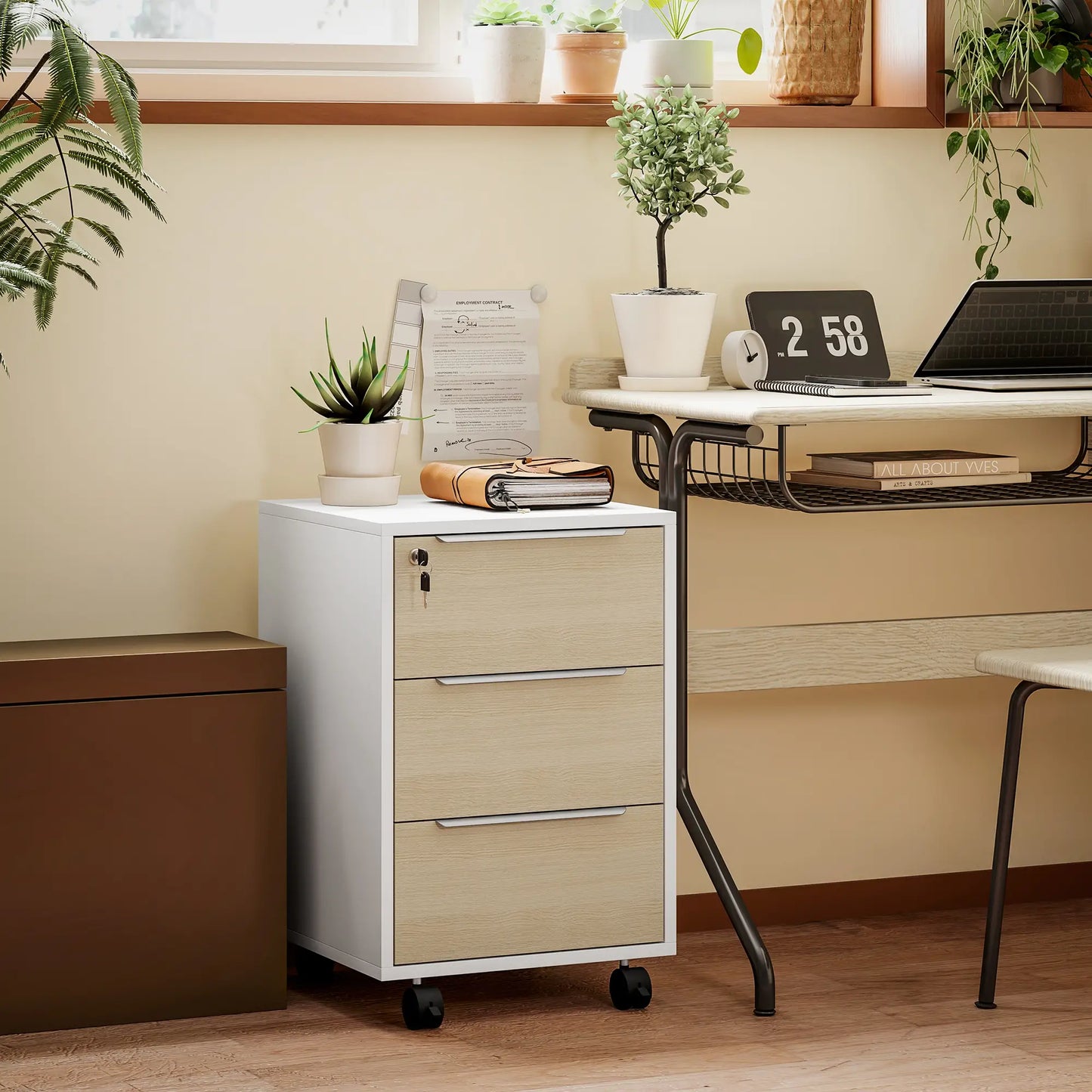 3 Drawer File Cabinet With Wheels, Vertical, Lock, Oak Office Cabinets & Cupboards at Gallery Canada